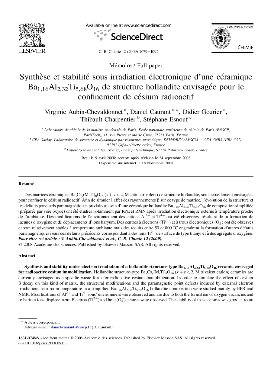 Synthèse et stabilité sous irradiation électronique d'une céramique Ba1,16Al2,32Ti5,68O16 de structure hollandite envisagée pour le confinement de césium radioactif