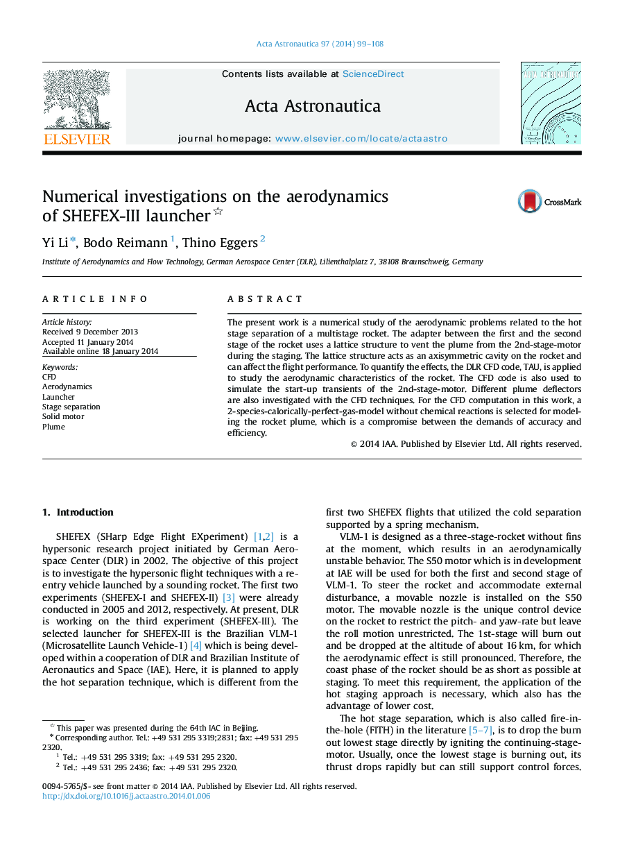 Numerical investigations on the aerodynamics of SHEFEX-III launcher 