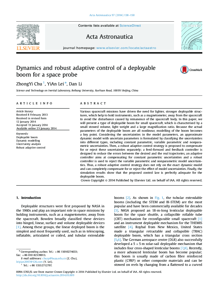 Dynamics and robust adaptive control of a deployable boom for a space probe