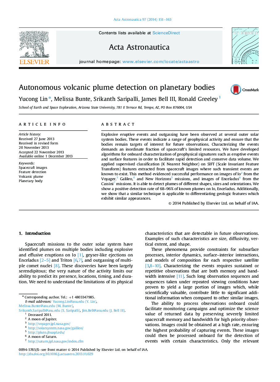 Autonomous volcanic plume detection on planetary bodies