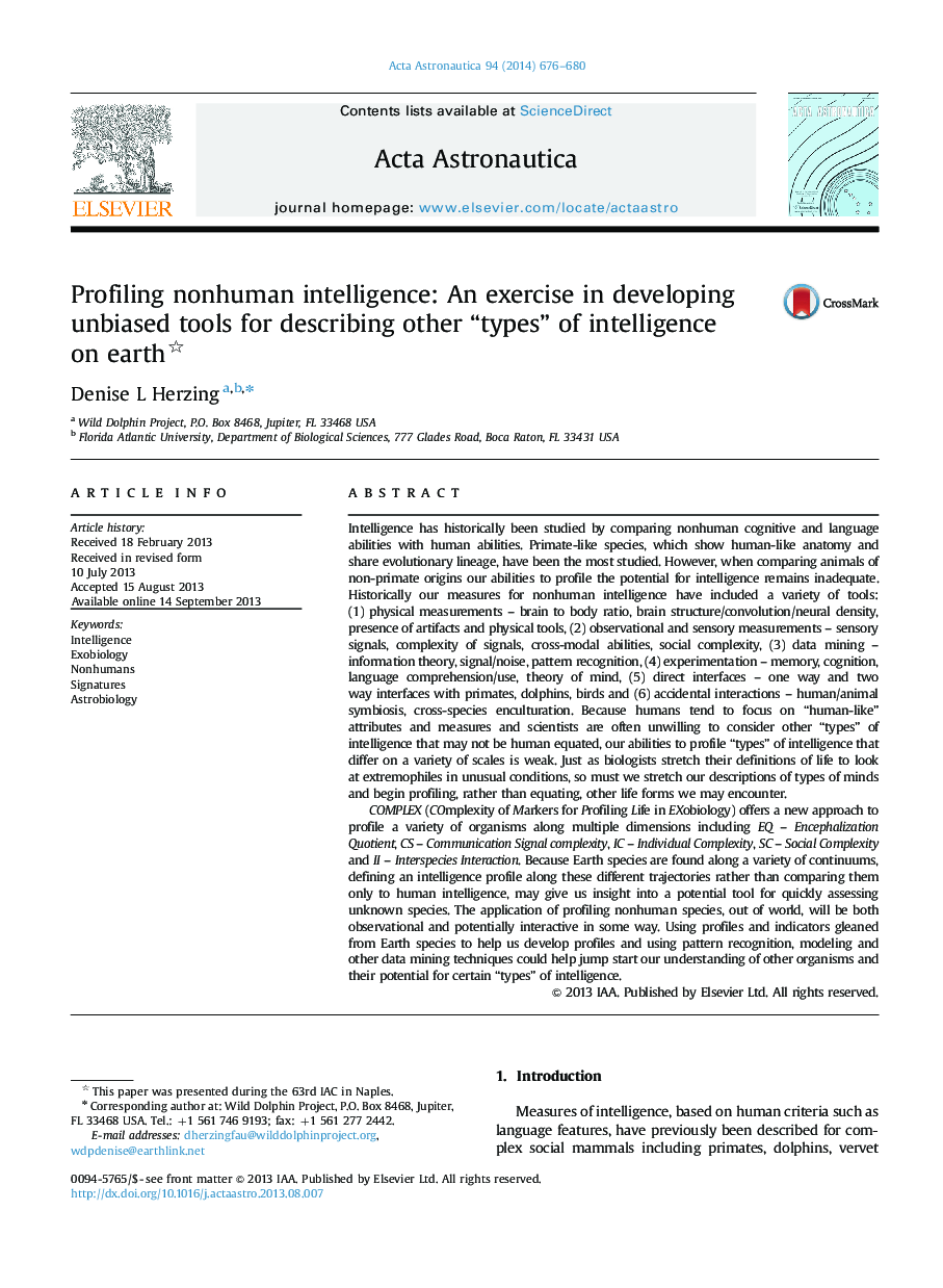 Profiling nonhuman intelligence: An exercise in developing unbiased tools for describing other “types” of intelligence on earth 