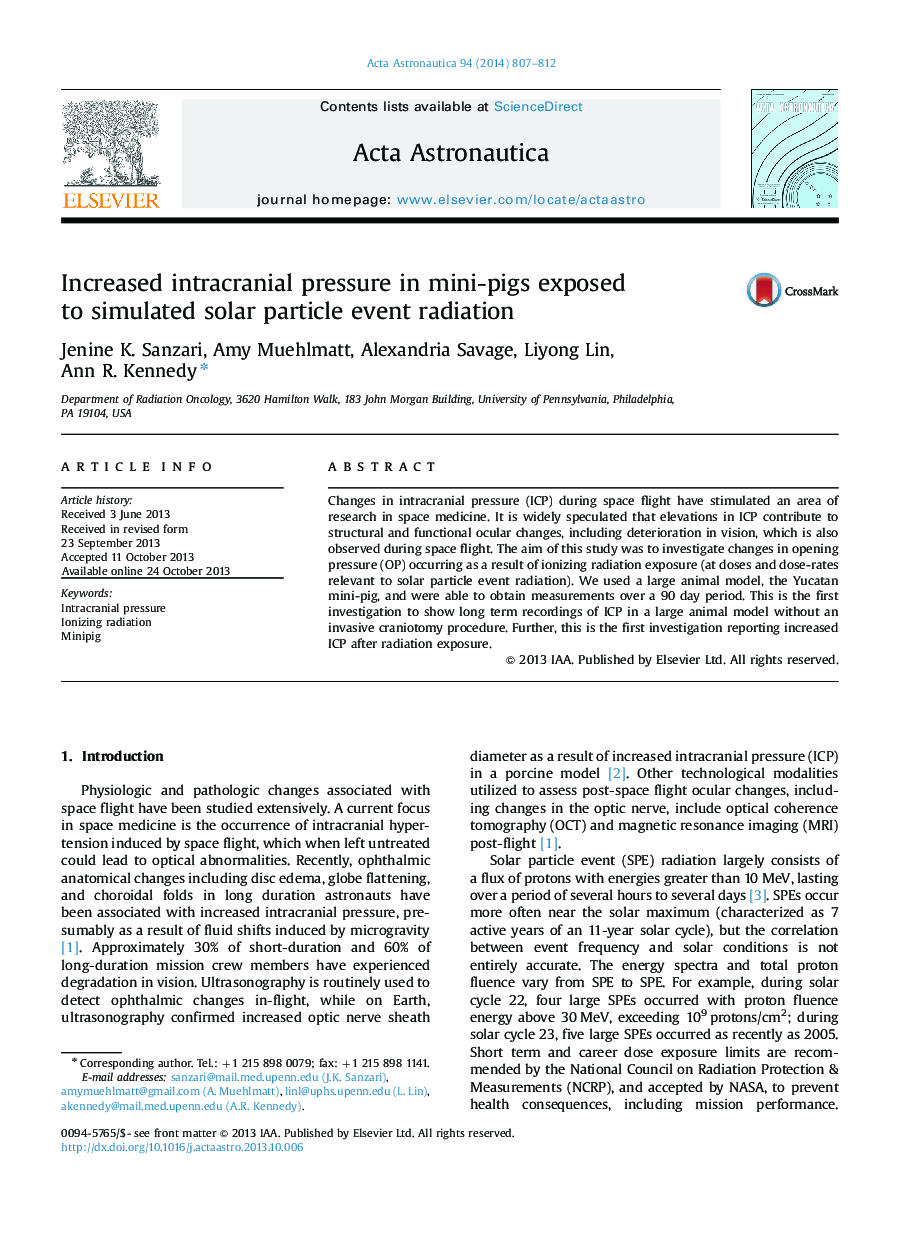 Increased intracranial pressure in mini-pigs exposed to simulated solar particle event radiation