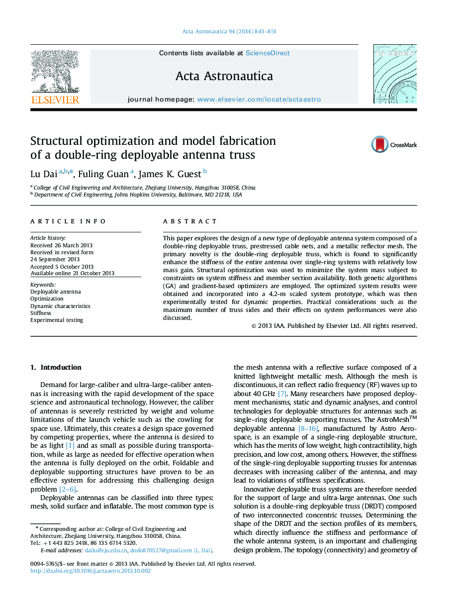 Structural optimization and model fabrication of a double-ring deployable antenna truss