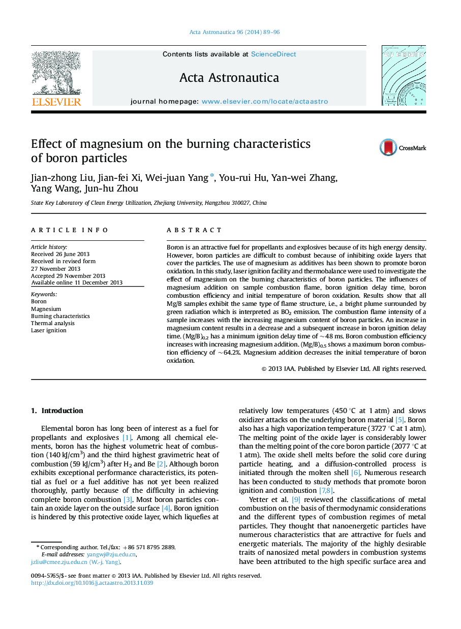 Effect of magnesium on the burning characteristics of boron particles