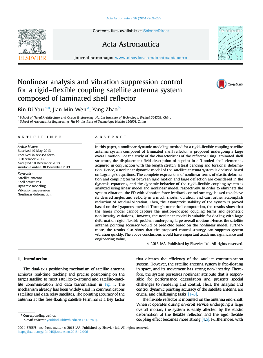 Nonlinear analysis and vibration suppression control for a rigid–flexible coupling satellite antenna system composed of laminated shell reflector