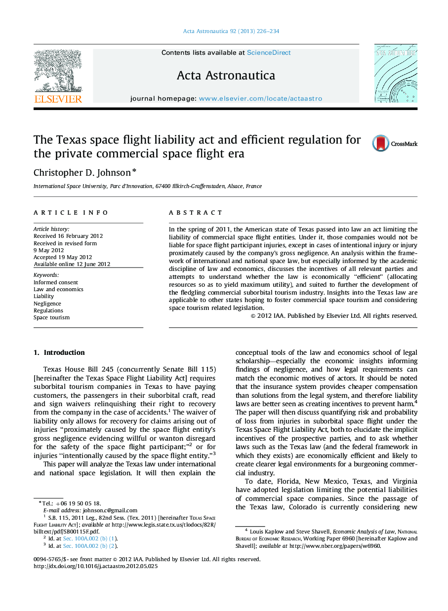 The Texas space flight liability act and efficient regulation for the private commercial space flight era