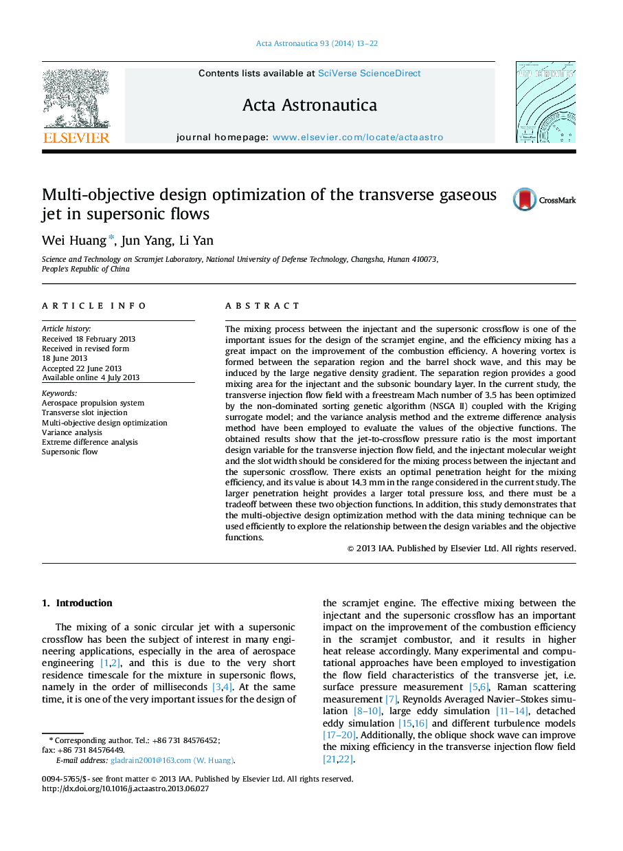 Multi-objective design optimization of the transverse gaseous jet in supersonic flows
