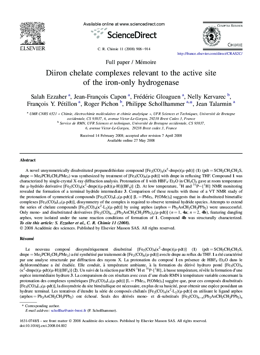 Diiron chelate complexes relevant to the active site of the iron-only hydrogenase