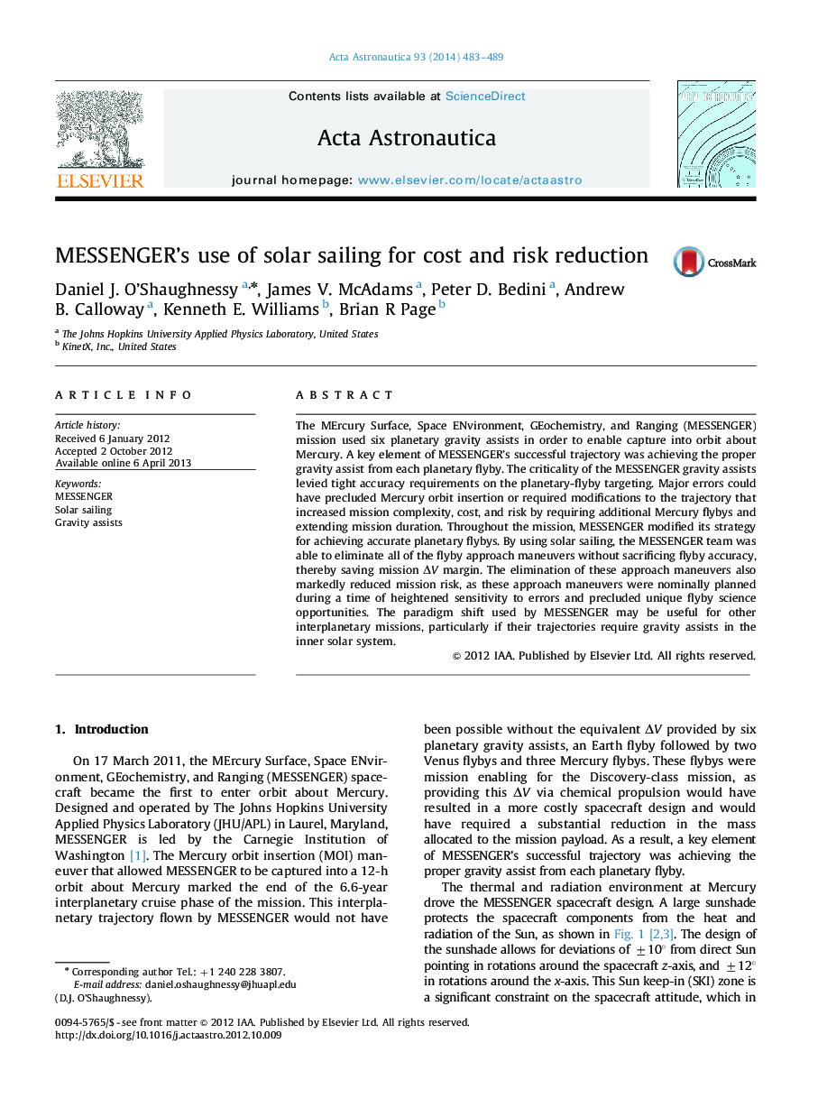 MESSENGER's use of solar sailing for cost and risk reduction