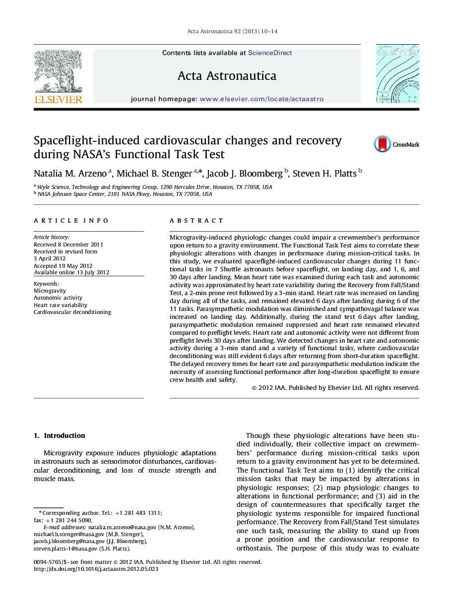 Spaceflight-induced cardiovascular changes and recovery during NASA's Functional Task Test