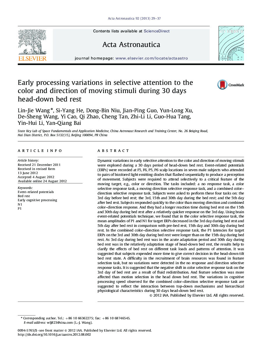 Early processing variations in selective attention to the color and direction of moving stimuli during 30 days head-down bed rest