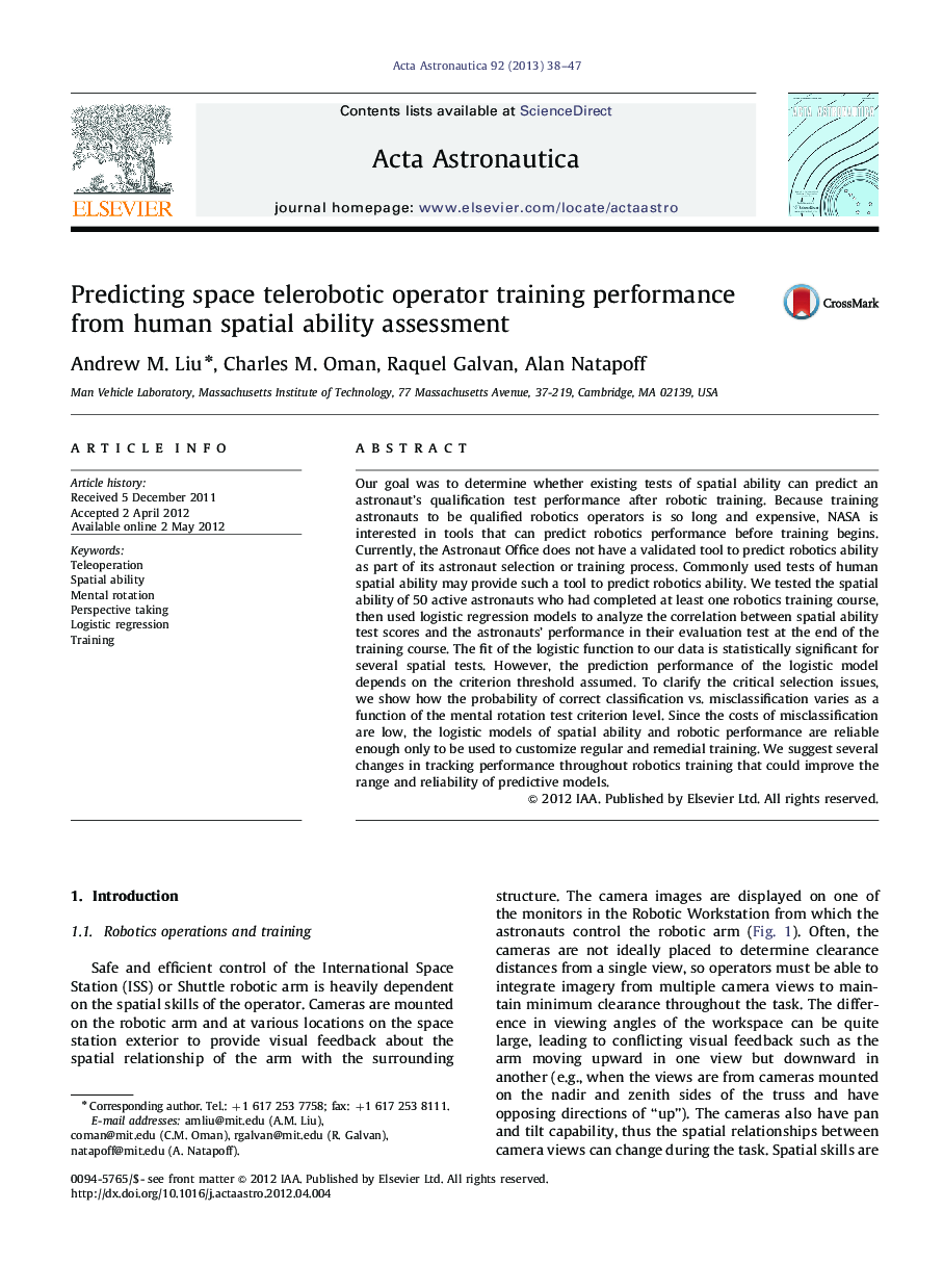 Predicting space telerobotic operator training performance from human spatial ability assessment