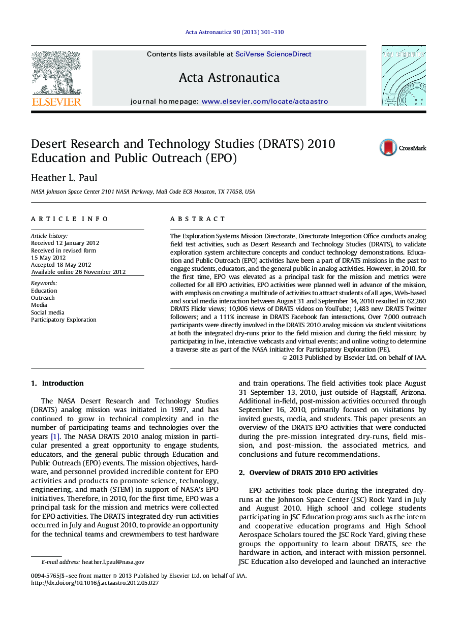 Desert Research and Technology Studies (DRATS) 2010 Education and Public Outreach (EPO)