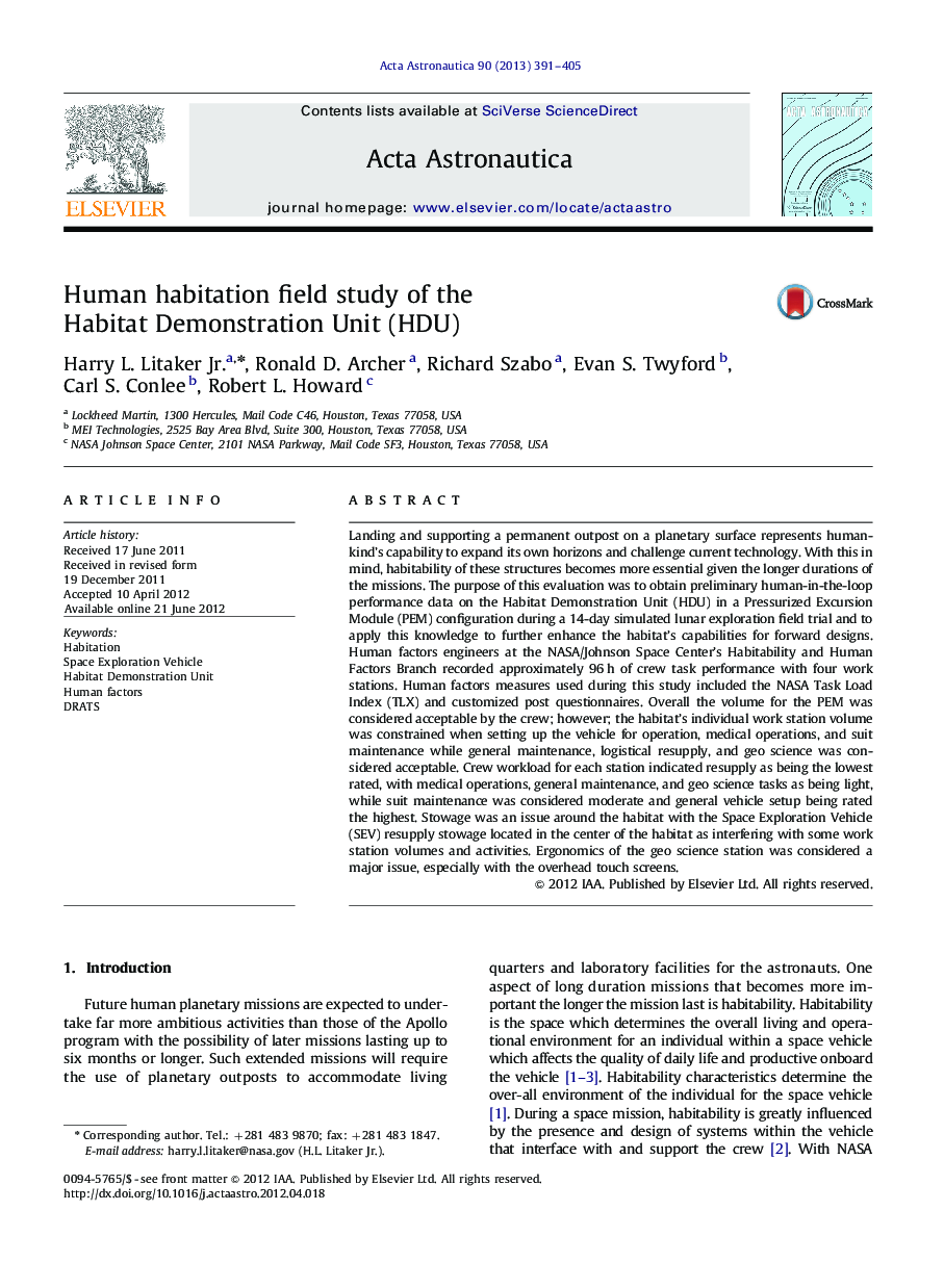 Human habitation field study of the Habitat Demonstration Unit (HDU)