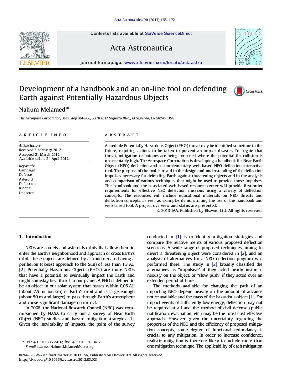 Development of a handbook and an on-line tool on defending Earth against Potentially Hazardous Objects