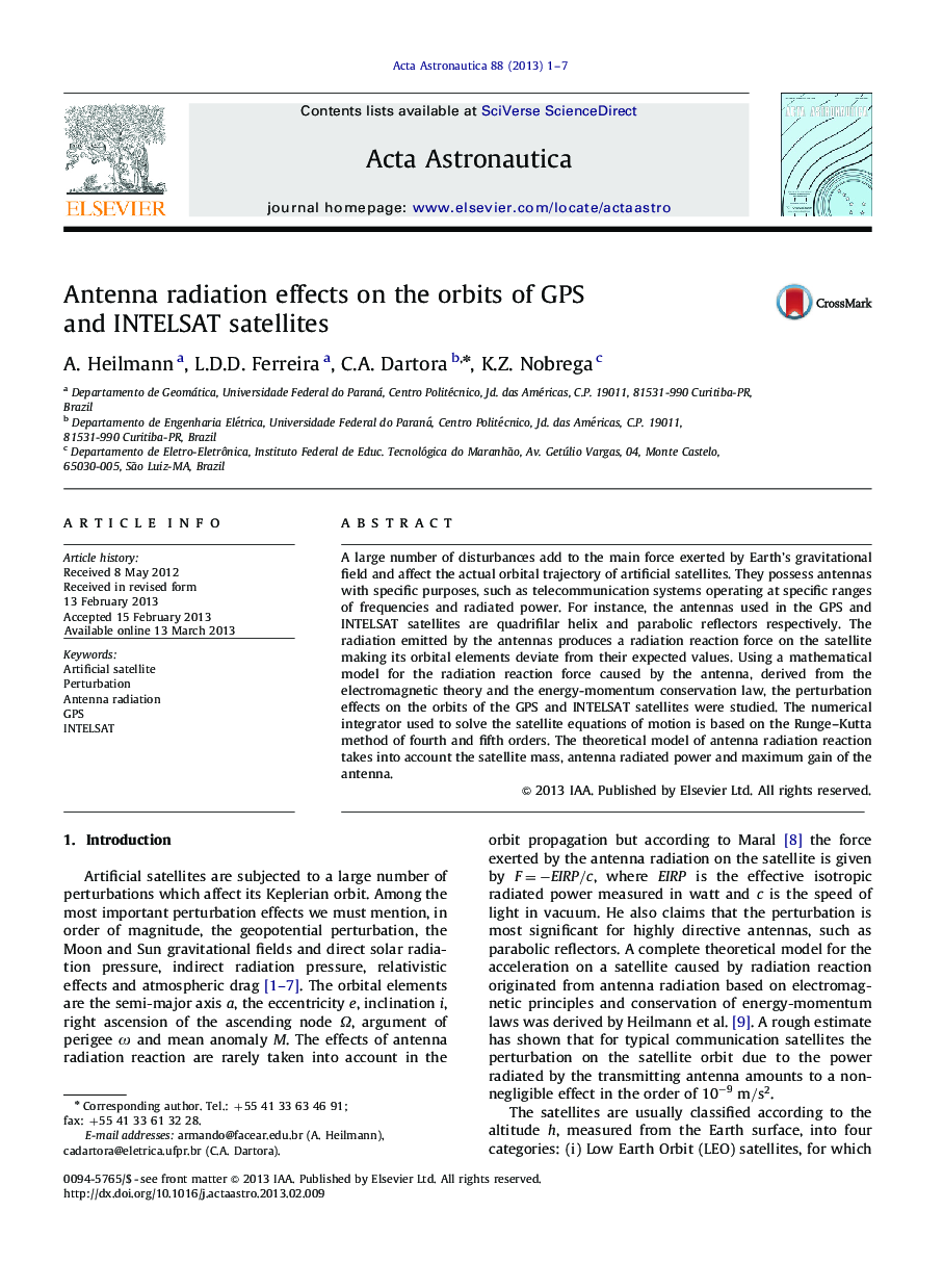 Antenna radiation effects on the orbits of GPS and INTELSAT satellites