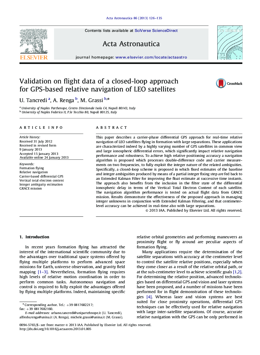 عکس صفحه اول مقاله: Validation on flight data of a closed-loop approach for GPS-based relative navigation of LEO satellites Validation on flight data of a closed-loop approach for GPS-based relative navigation of LEO satellites
