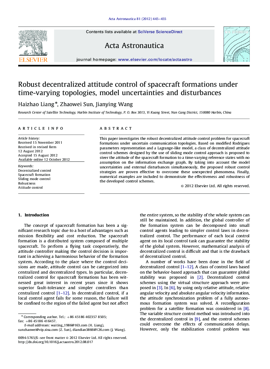 عکس صفحه اول مقاله: Robust decentralized attitude control of spacecraft formations under time-varying topologies, model uncertainties and disturbances Robust decentralized attitude control of spacecraft formations under time-varying topologies, model uncertainties and disturbances