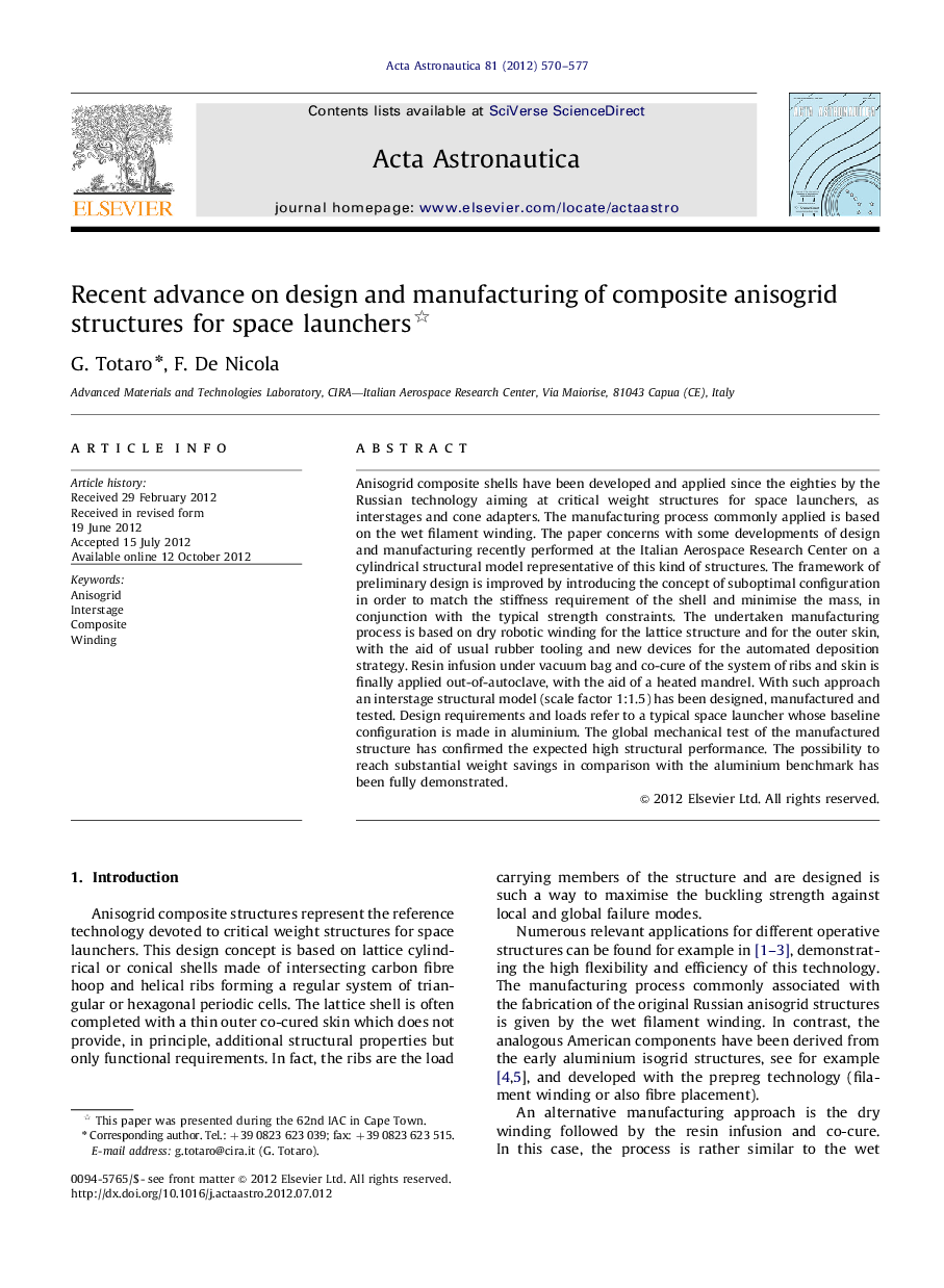 عکس صفحه اول مقاله: Recent advance on design and manufacturing of composite anisogrid structures for space launchers Recent advance on design and manufacturing of composite anisogrid structures for space launchers