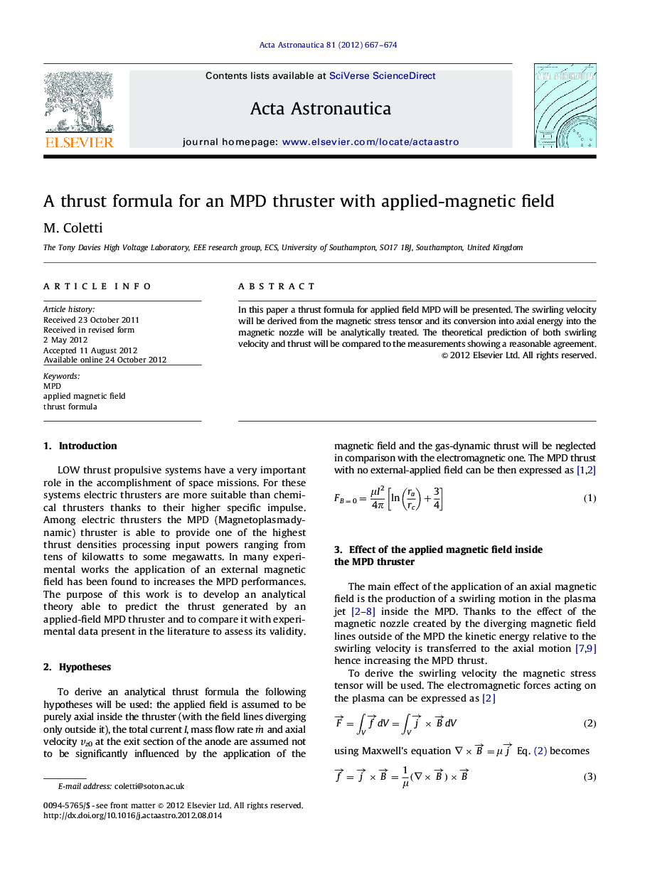 A thrust formula for an MPD thruster with applied-magnetic field