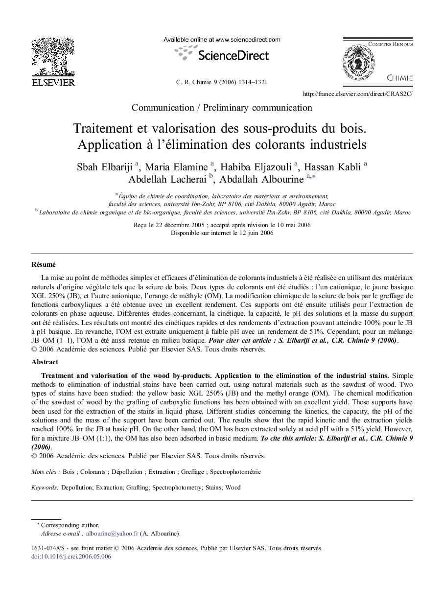 Traitement et valorisation des sous-produits du bois. Application à l'élimination des colorants industriels