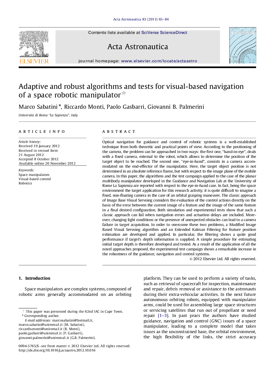 Adaptive and robust algorithms and tests for visual-based navigation of a space robotic manipulator 