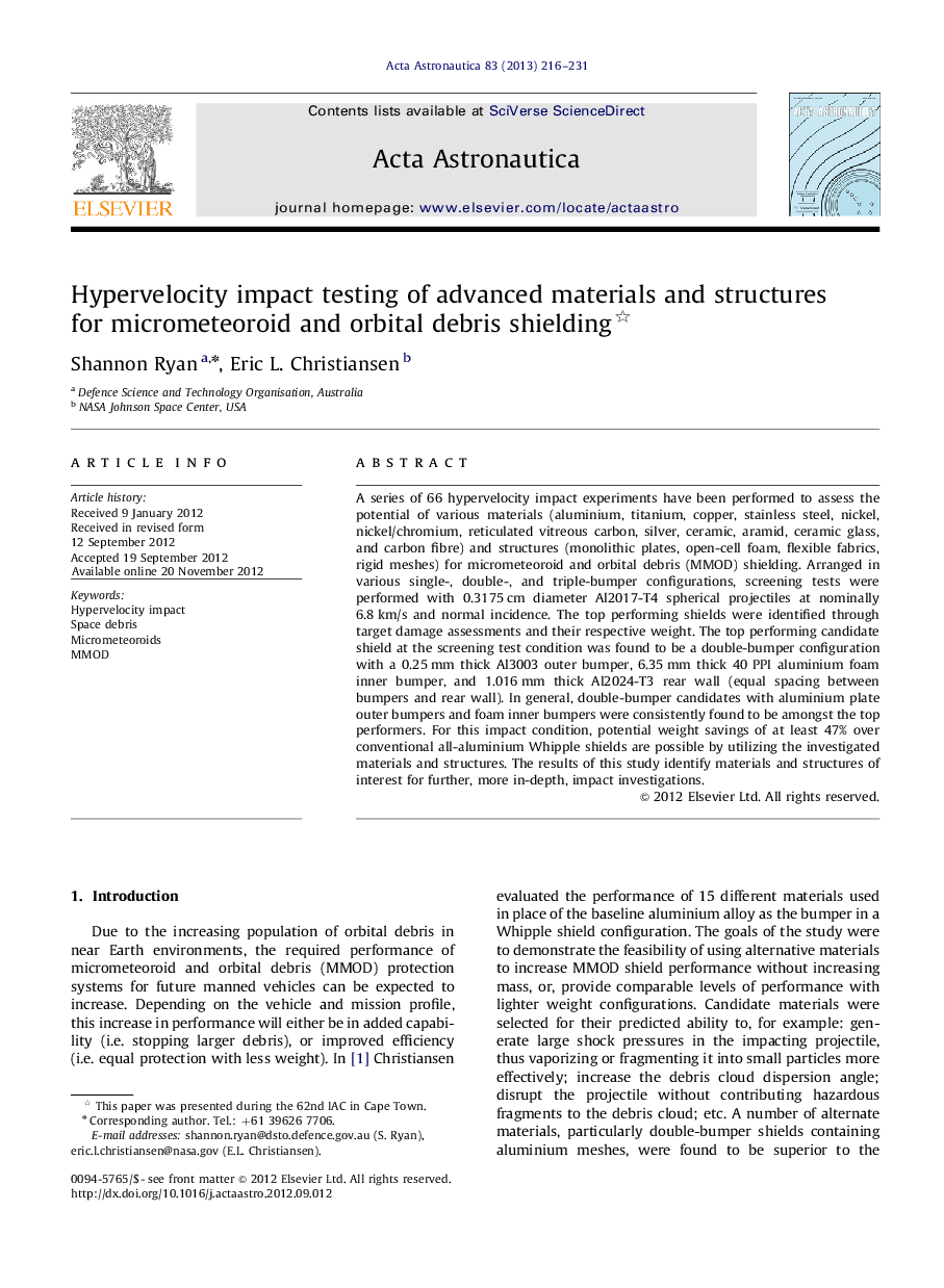 Hypervelocity impact testing of advanced materials and structures for micrometeoroid and orbital debris shielding 