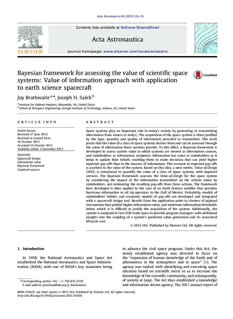 Bayesian framework for assessing the value of scientific space systems: Value of information approach with application to earth science spacecraft