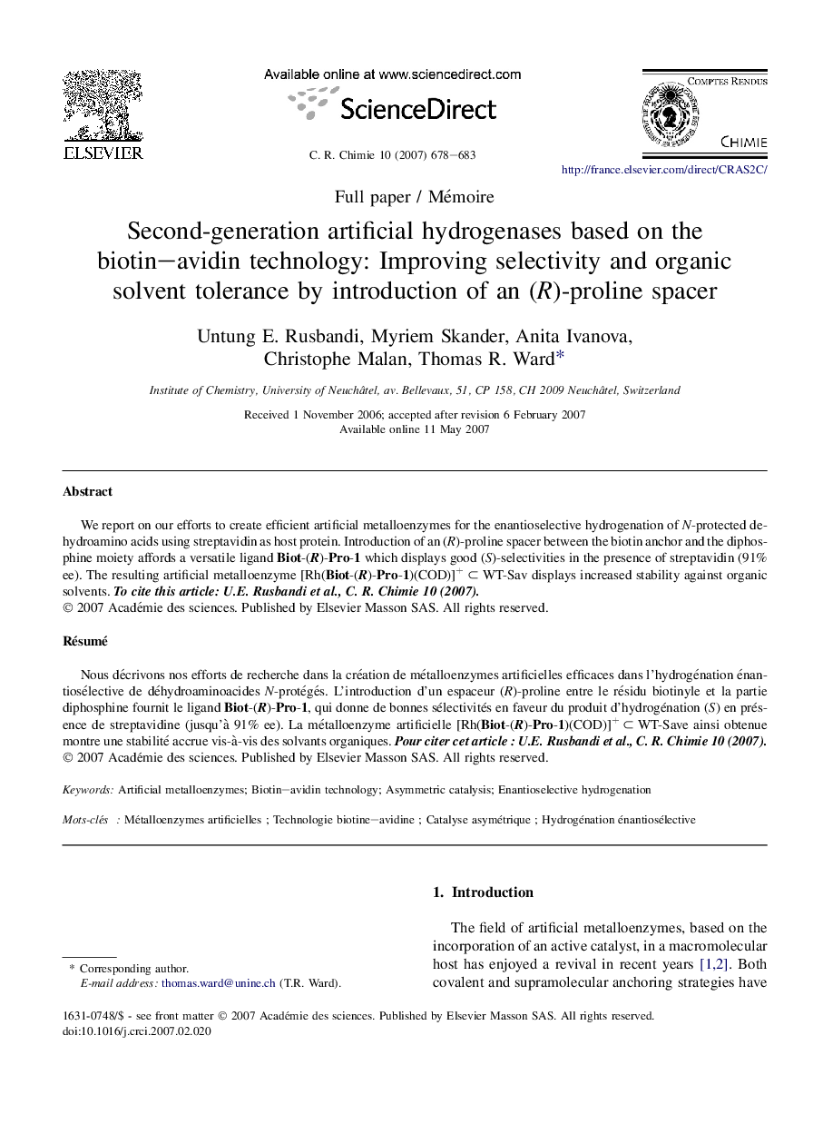 Second-generation artificial hydrogenases based on the biotin–avidin technology: Improving selectivity and organic solvent tolerance by introduction of an (R)-proline spacer