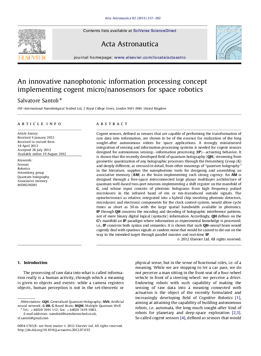 An innovative nanophotonic information processing concept implementing cogent micro/nanosensors for space robotics