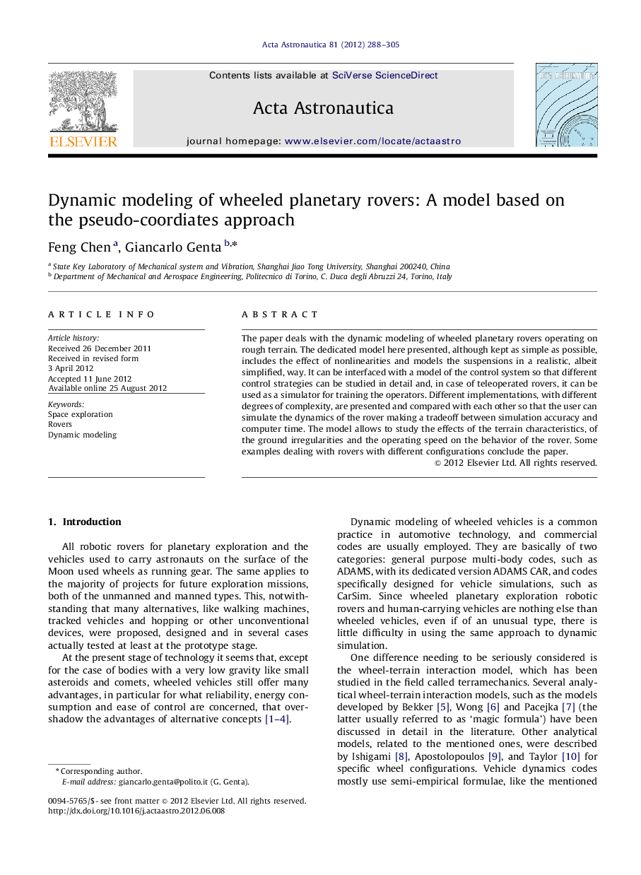 Dynamic modeling of wheeled planetary rovers: A model based on the pseudo-coordiates approach