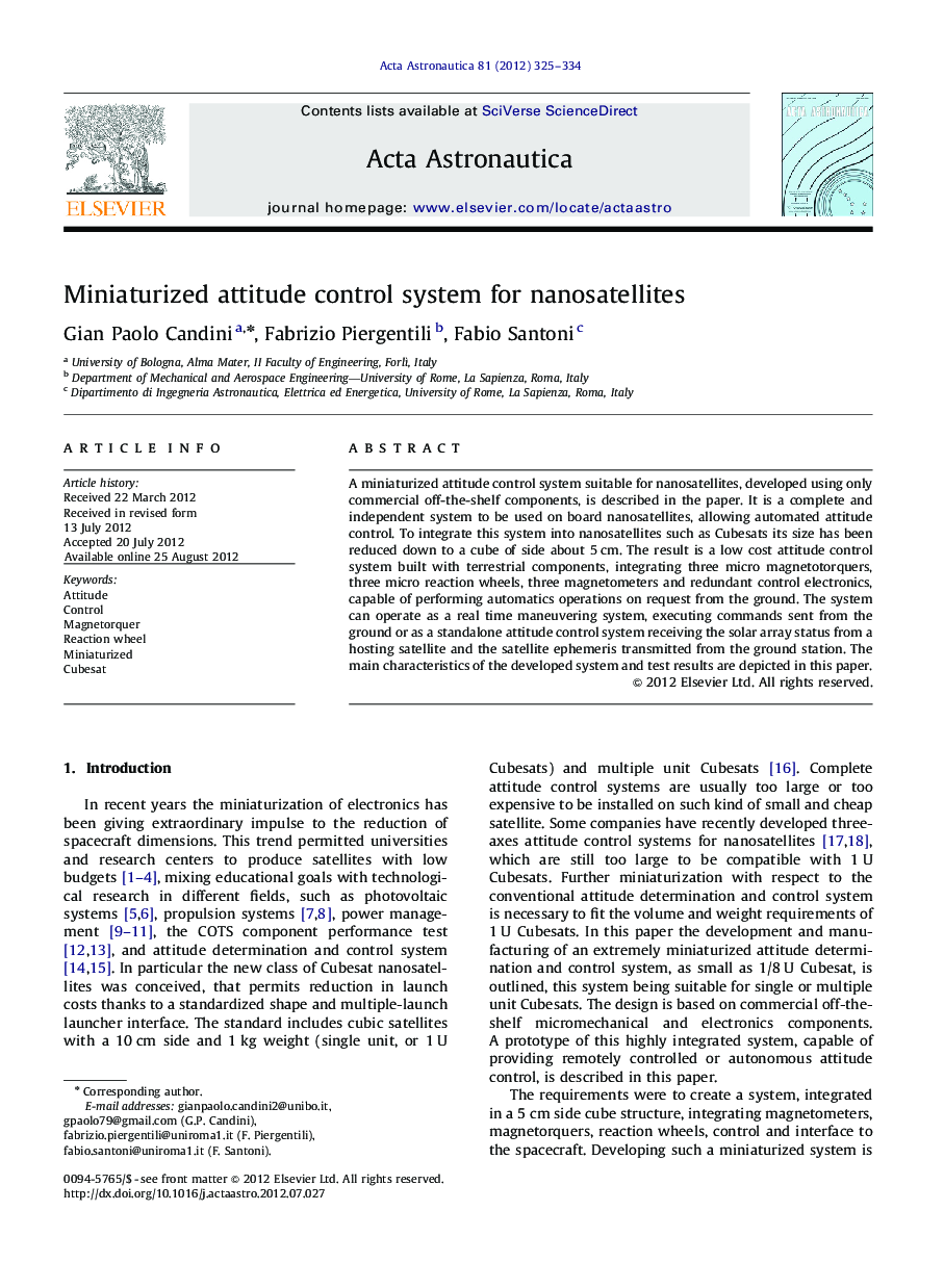 Miniaturized attitude control system for nanosatellites