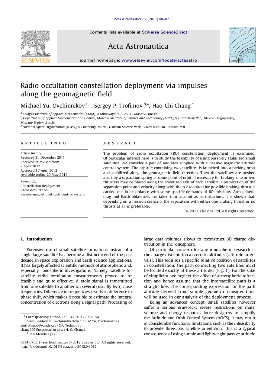 عکس صفحه اول مقاله: Radio occultation constellation deployment via impulses along the geomagnetic field Radio occultation constellation deployment via impulses along the geomagnetic field
