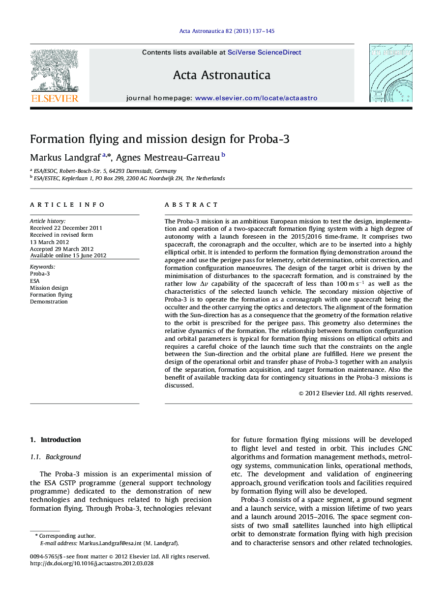 Formation flying and mission design for Proba-3