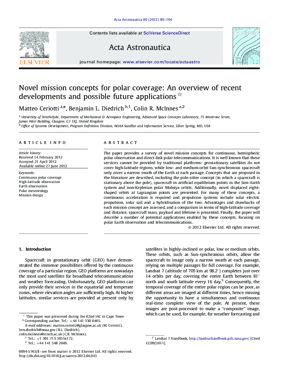 Novel mission concepts for polar coverage: An overview of recent developments and possible future applications 