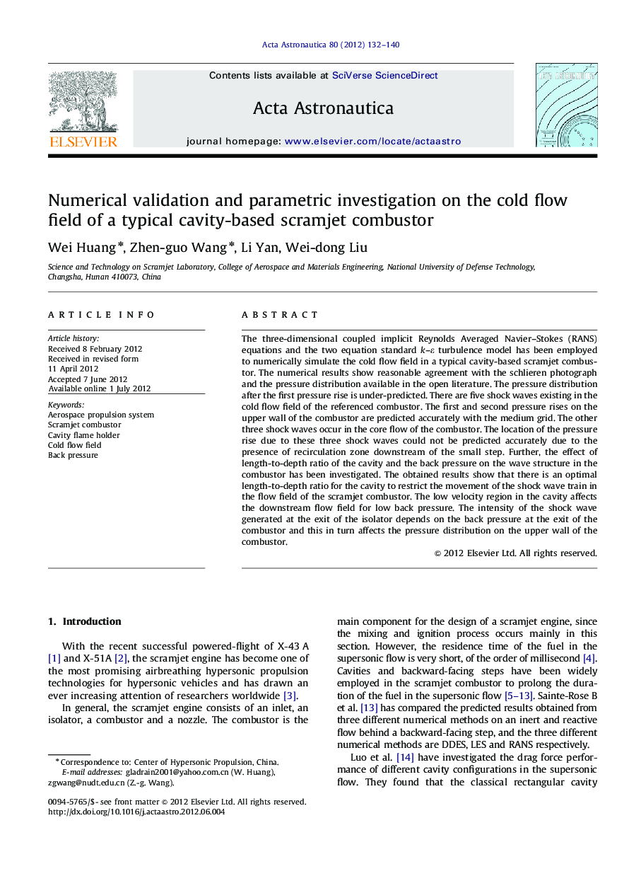 Numerical validation and parametric investigation on the cold flow field of a typical cavity-based scramjet combustor