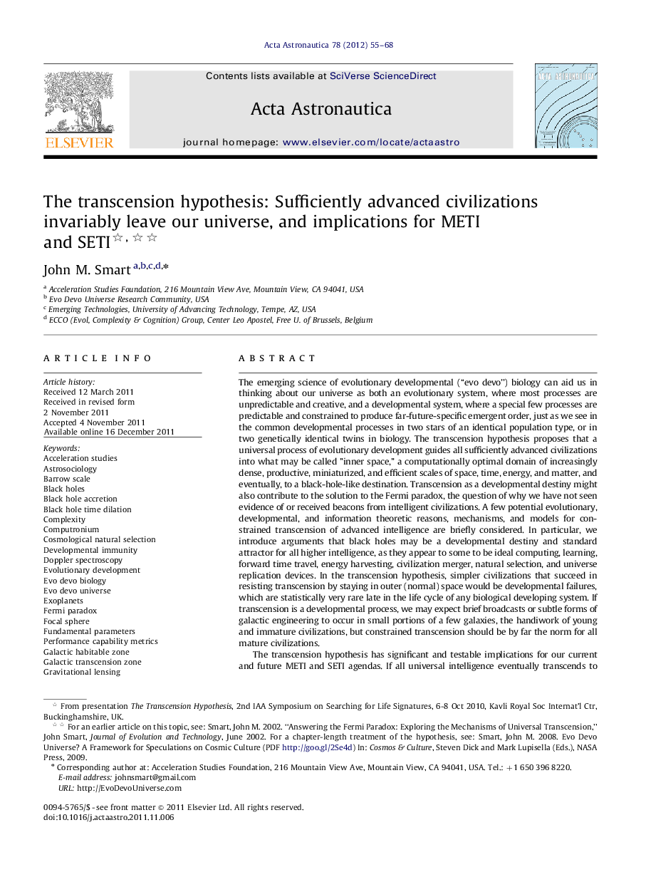 The transcension hypothesis: Sufficiently advanced civilizations invariably leave our universe, and implications for METI and SETI 