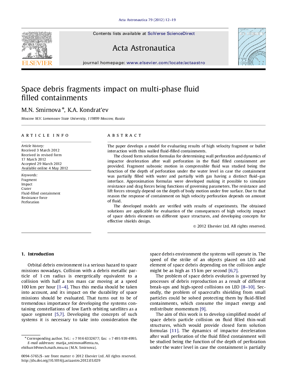 Space debris fragments impact on multi-phase fluid filled containments