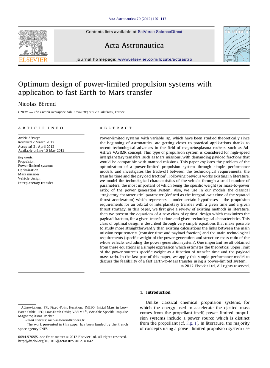 Optimum design of power-limited propulsion systems with application to fast Earth-to-Mars transfer