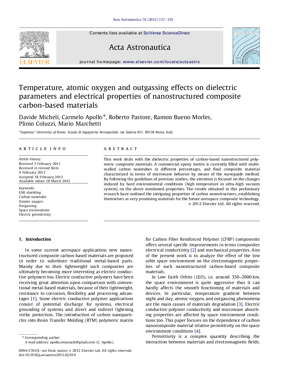 Temperature, atomic oxygen and outgassing effects on dielectric parameters and electrical properties of nanostructured composite carbon-based materials