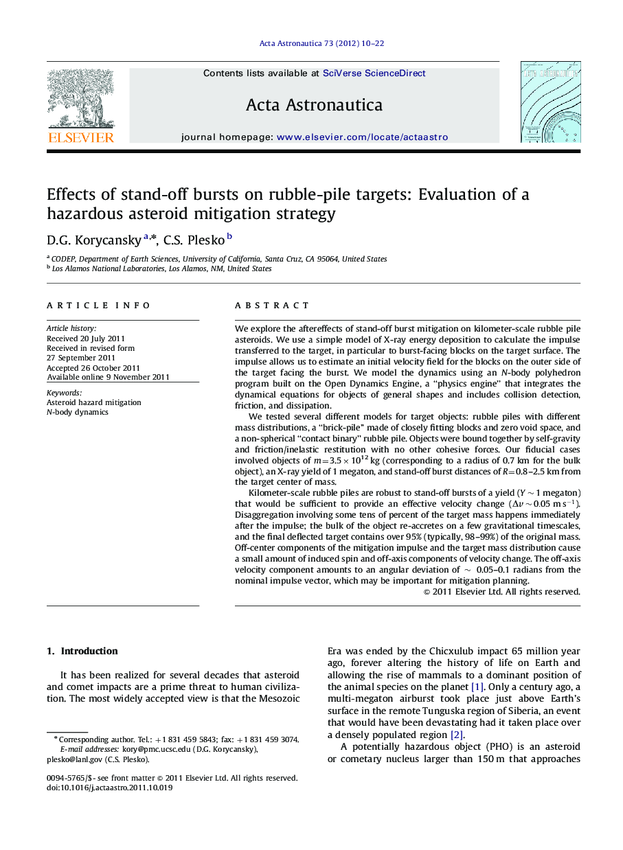 عکس صفحه اول مقاله: Effects of stand-off bursts on rubble-pile targets: Evaluation of a hazardous asteroid mitigation strategy Effects of stand-off bursts on rubble-pile targets: Evaluation of a hazardous asteroid mitigation strategy
