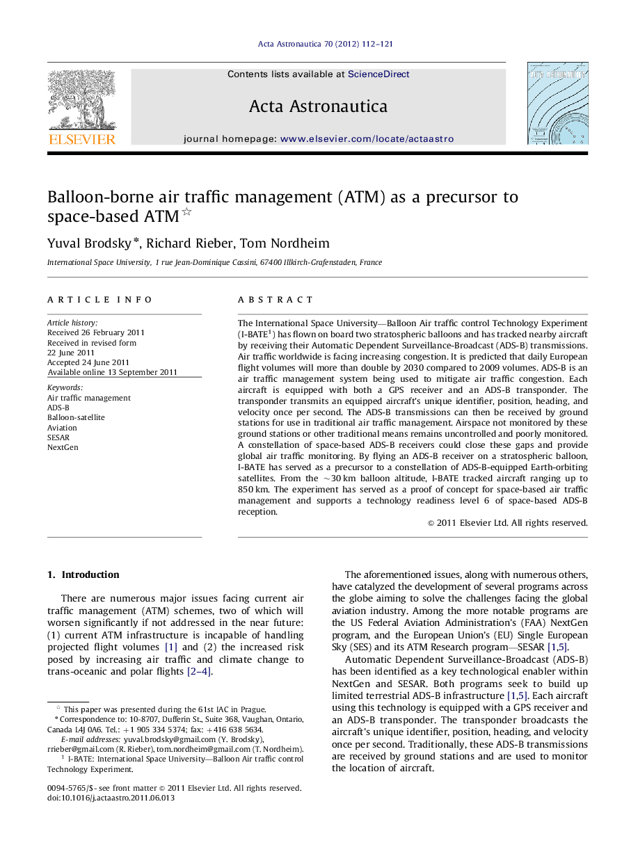 Balloon-borne air traffic management (ATM) as a precursor to space-based ATM