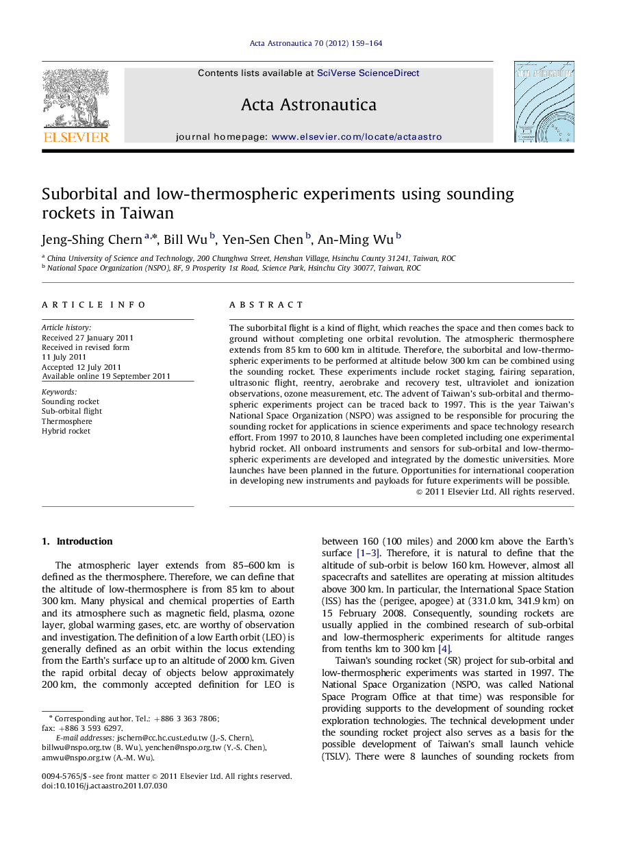 Suborbital and low-thermospheric experiments using sounding rockets in Taiwan