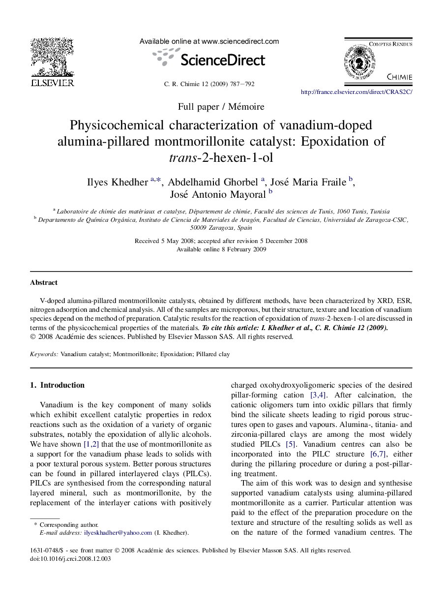Physicochemical characterization of vanadium-doped alumina-pillared montmorillonite catalyst: Epoxidation of trans-2-hexen-1-ol