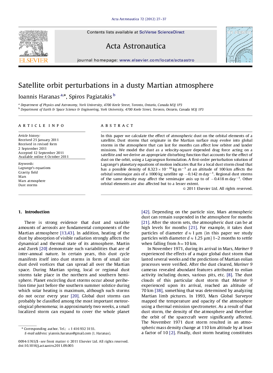 Satellite orbit perturbations in a dusty Martian atmosphere