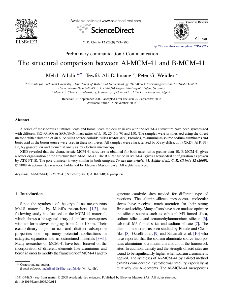The structural comparison between Al-MCM-41 and B-MCM-41