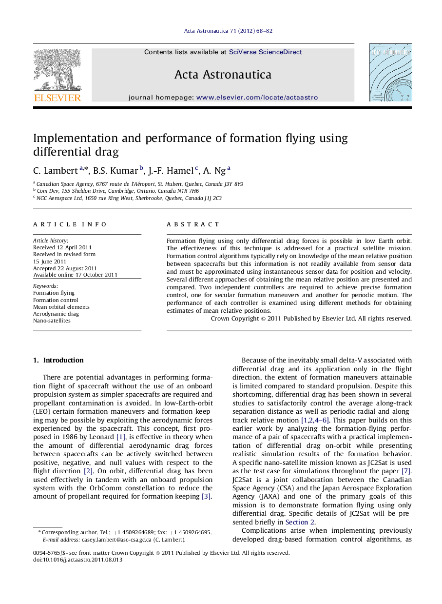 Implementation and performance of formation flying using differential drag