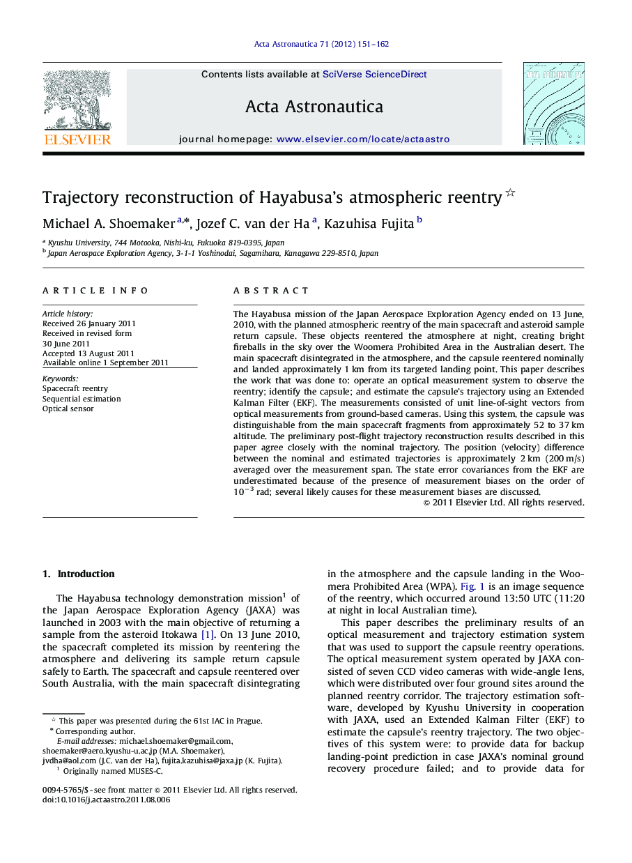 عکس صفحه اول مقاله: Trajectory reconstruction of Hayabusa's atmospheric reentry Trajectory reconstruction of Hayabusa's atmospheric reentry