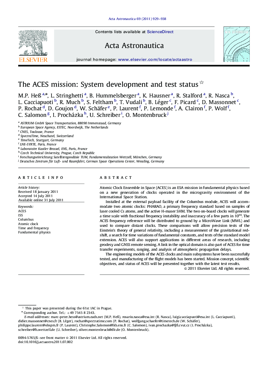 The ACES mission: System development and test status 