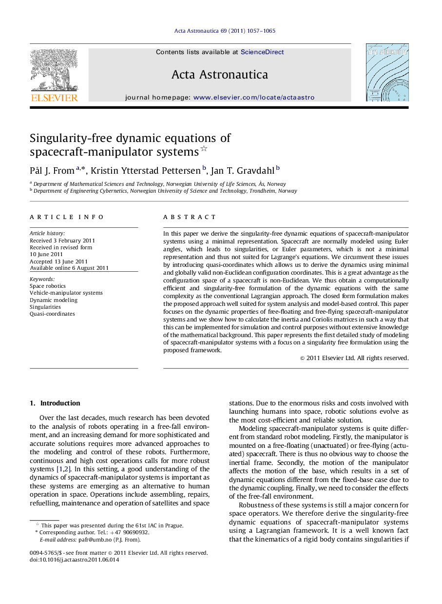 Singularity-free dynamic equations of spacecraft-manipulator systems 